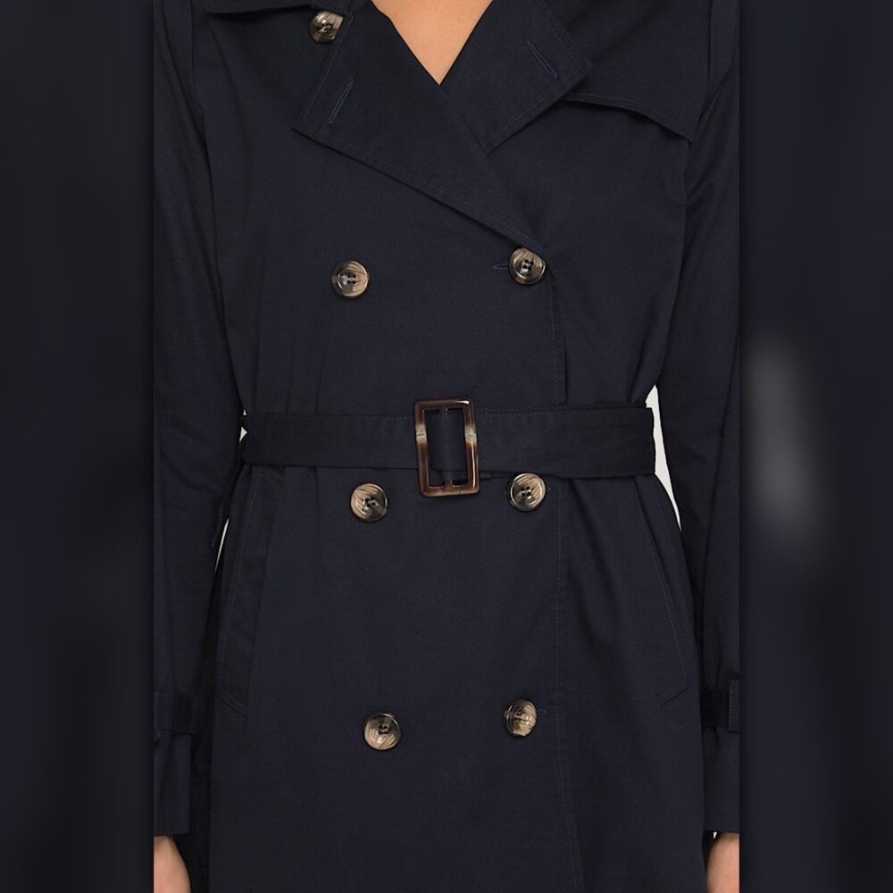 A090 • Navy Double Breasted Belted Trench Coat - Picture 5 of 7